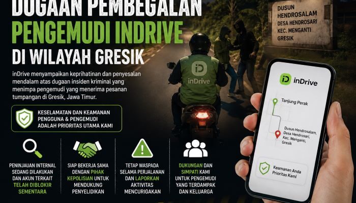 Dugaan Pembegalan Driver inDrive di Gresik, Perusahaan Siap Bantu Penyelidikan Polisi