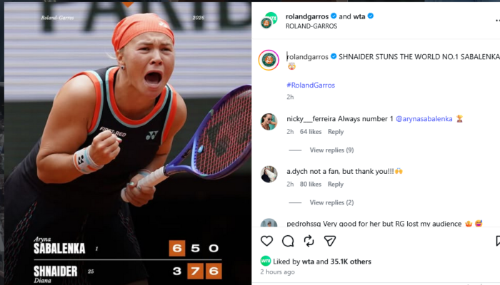 Sabalenka Tersingkir Dramatis di Perempat Final French Open, Diana Shnaider Ukir Sejarah
