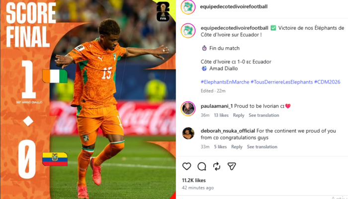 Gol Menit Akhir Amad Diallo Bawa Pantai Gading Tekuk Ekuador 1-0