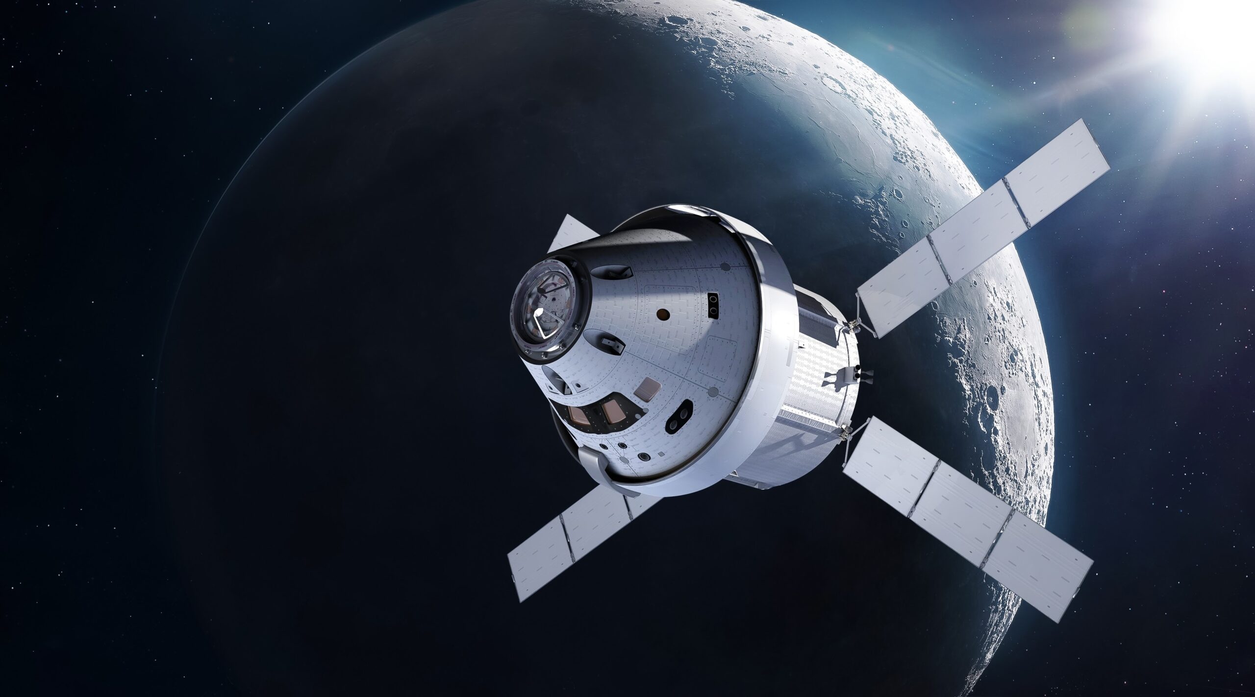 Wahana Orion dalam program Artemis milik NASA. Teknologi komunikasi laser memungkinkan pengiriman video 4K dan data berkecepatan tinggi dari sekitar Bulan menuju Bumi, membuka era baru komunikasi antariksa.
