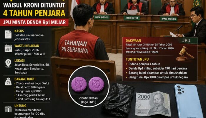 Beli Dua Ekstasi Rp600 Ribu, Waisul Kroni Dituntut 4 Tahun Penjara