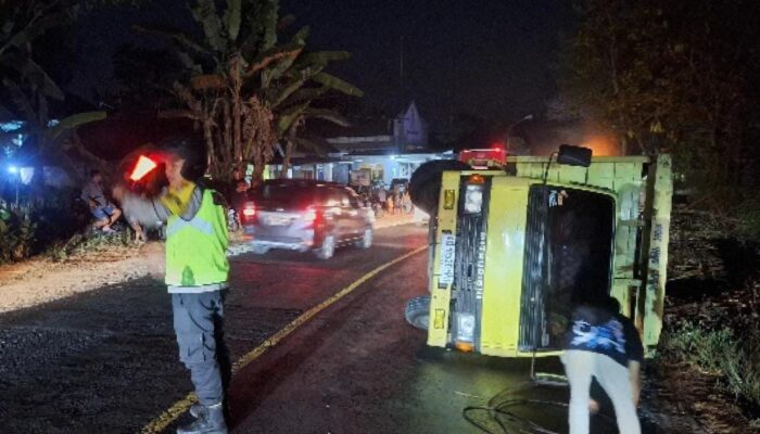 Hilang Konsentrasi di Tikungan Selorejo Blitar, Truk Muat Tebu Terguling